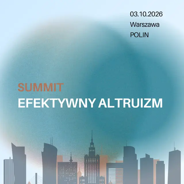 Grafika Summit Efektywny Altruizm: panorama Warszawy w palecie teal, napis SUMMIT EFEKTYWNY ALTRUIZM, 03.10.2026, Warszawa, POLIN
