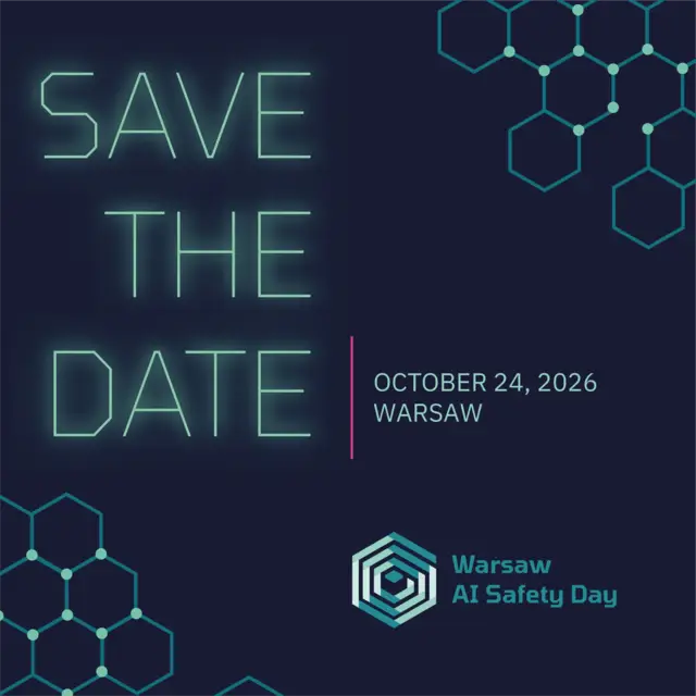 Grafika Warsaw AI Safety Day: neonowe napisy SAVE THE DATE na granatowym tle, 24 października 2026, Warszawa